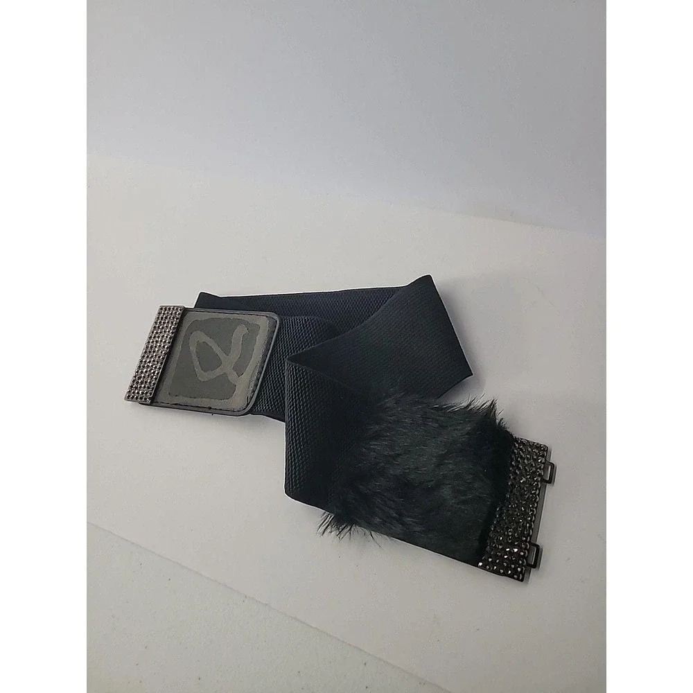 Vintage Black Faux Fur Rhinestones Stretch Belt Medium Large‎ Glam Statement